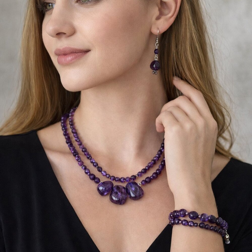 Natural Amethyst Jewelry Set – Double-Strand Necklace, Bracelet & Earrings